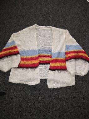 Source Unknown White Open-Front Cardigan with Multicolor Stripes